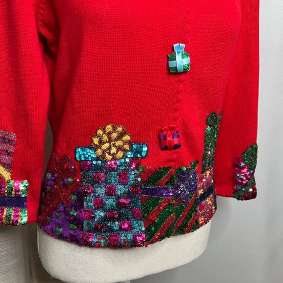 Vintage Y2K Michael Simon Christmas Sweater Sequin Presents Holiday Red SMALL - Picture 4 of 13